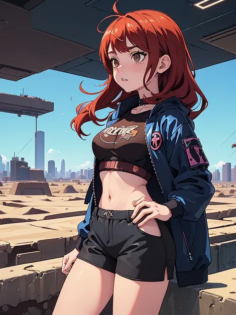 (masterpiece), (best quality), ((one girl)),alone, red hair,((brown eyes)),curly hair, anime style, freckles, (mall breast, (petite figure), blue and black cyberpunk jacket, shorts, legs, long T-shirt, ((desert background)) 