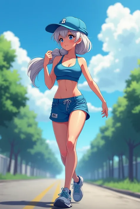 Frozen anime Elsa wears shorts pant. Sport bra. Walking on road. Wears blue cap backward.  