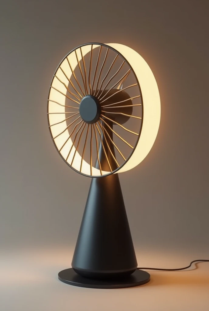 Product ad about lamp and fan together in a same base with wow factor, metaphor and aesthetics 