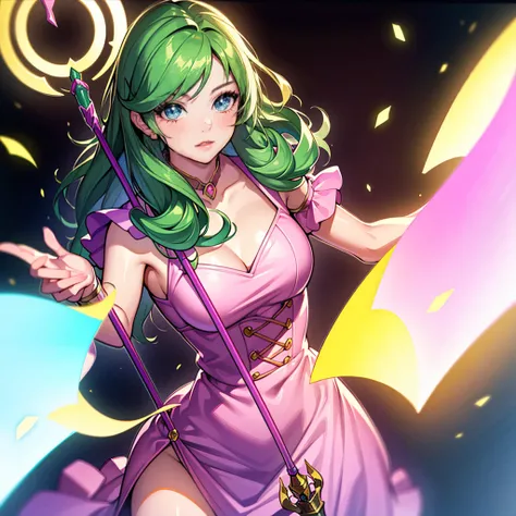 a beautiful young girl with long green hair,wearing a pink dress,holding a staff,yugioh card,full body,detailed face,detailed eyes,detailed lips,detailed hair,detailed dress,detailed staff,vibrant colors,cinematic lighting,dramatic composition,fantasy,digi...