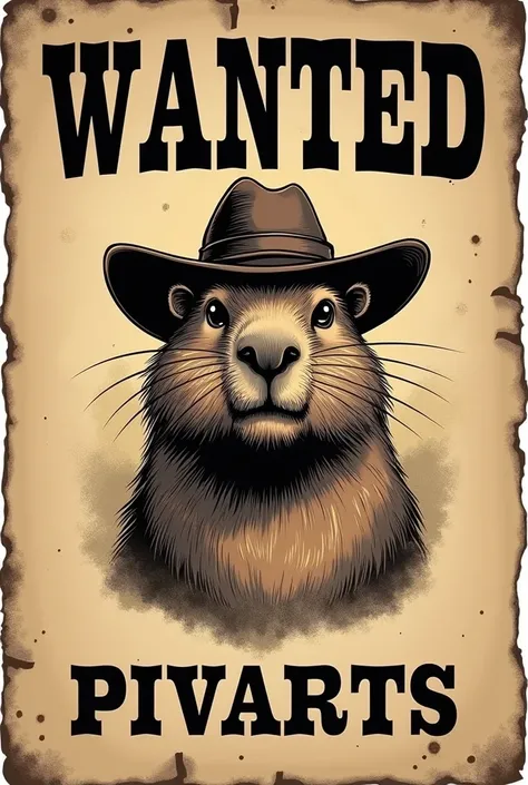 Logo design featuring a mischievous capybara with an old West hat, vintage Western-style "Wanted" poster aesthetic, sepia-toned color palette, weathered texture resembling aged paper, hand-drawn illustration techniques typical of early 20th century movie p...