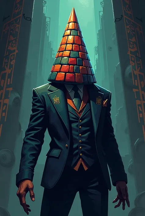 Create a pixelated villain style deltarune cone head Rubik, and with a strange but cool suit , It is the king of puzzles and it says below "SR JUANCHIS"