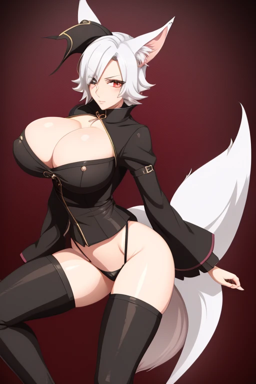 Fox-tailed zorro waifu, milf, pirate clothing , HD 4k , pelo blanco con rosa, busto, 