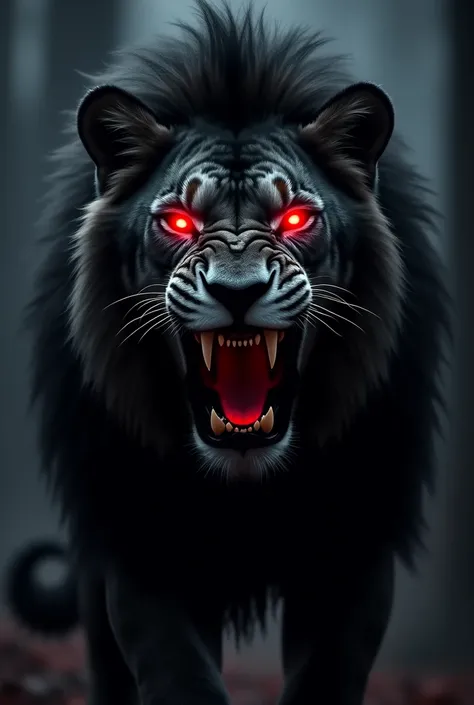 Black lion roaring with angry red devil neon eyes face zoom dark night dark photo