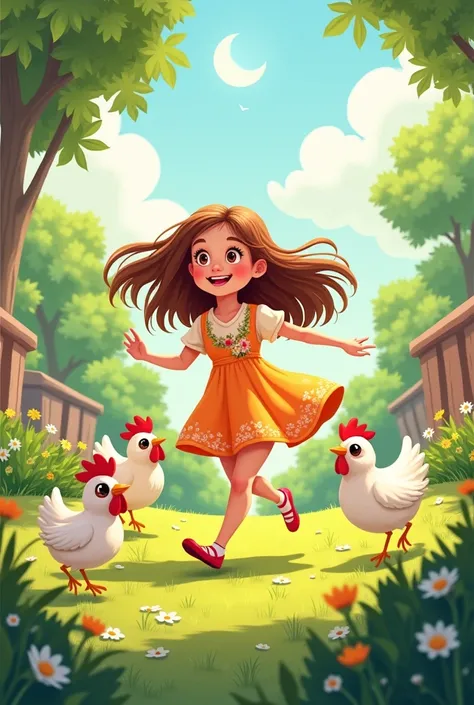 Cute girl、Picture me chasing chickens in the yard.。The girl is 、She has a bright smile and an innocent look.。Her hair is long、Please draw it as if it is fluttering in the wind.。The girl is wearing a colorful dress、The hem of the dress is made of flowers fr...