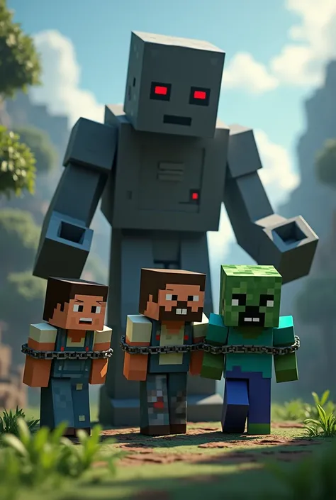 3 characters from the Minecraft game being enslaved by a player who thinks he&#39;s God with the name TOMAM behind
