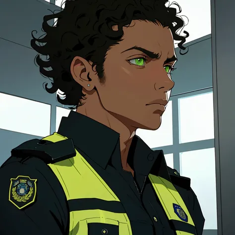 Male police officer, mexican short curly hair and green eyes serious expression in a police station