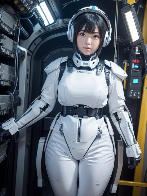 masterpiece, Highest quality, Very detailed, Japanese Android girl,Plump,Slightly thicker,Control panel,robot arms,robot,Android,cyborg,white robot body,Blunt bangs,robot repair plant,The spaceships cockpit,Harness Belt,headset,Helmet