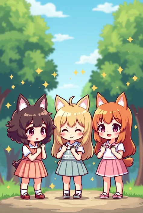 Create a pixel art style image of 3 hello kitties girlies standing next to each other, one has shoulder height brown curly hair with curly curls, the second one has long straight lighter brown coloured hair, with some side bangs, and the third one has shou...