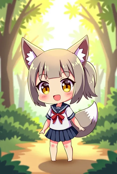 highres, , a fox, nenodroid, glad, laughing, standing, looking at viewer, ponytail, blunt cut, silver hair, golden eyes, big eyes, eyes open, fair skin, chibi, slim, mini skirt, school uniform, sailor uniform, ribbon, with fox small ears, , japanese, white...