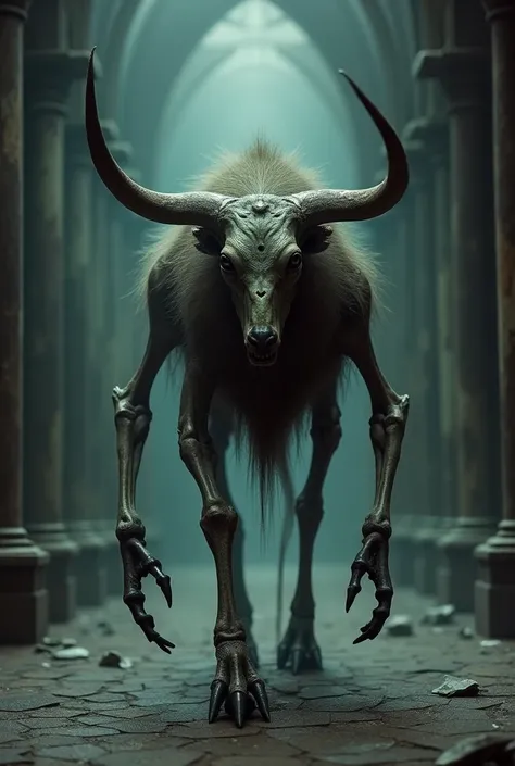 Chimera walking on all fours with disgusting ox foot skeletal and deformed hairy with long pointy tail no eyes and with long horns, half dark academia dc comics style dc comics style