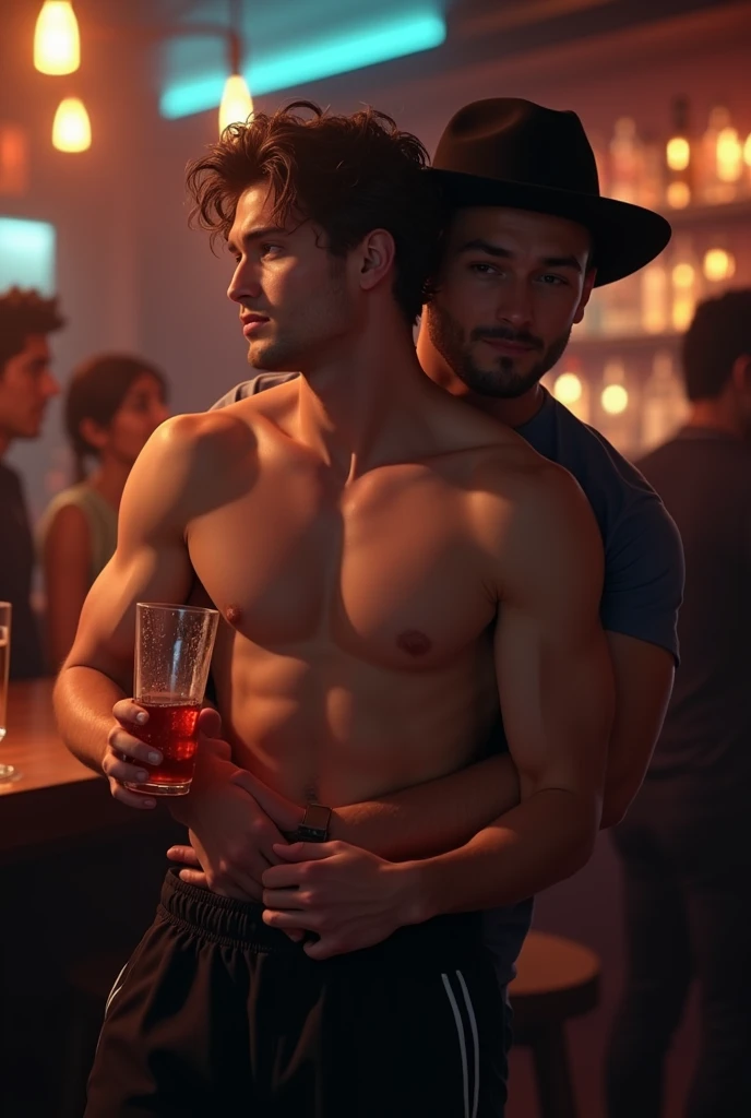 Young handsome white man, cute and attractive, in a bar, shirtless, with a drink in his hand, a friend with a black hat and black clothes lifts him up on his arm, carrying him to bed because the young man is already drunk 