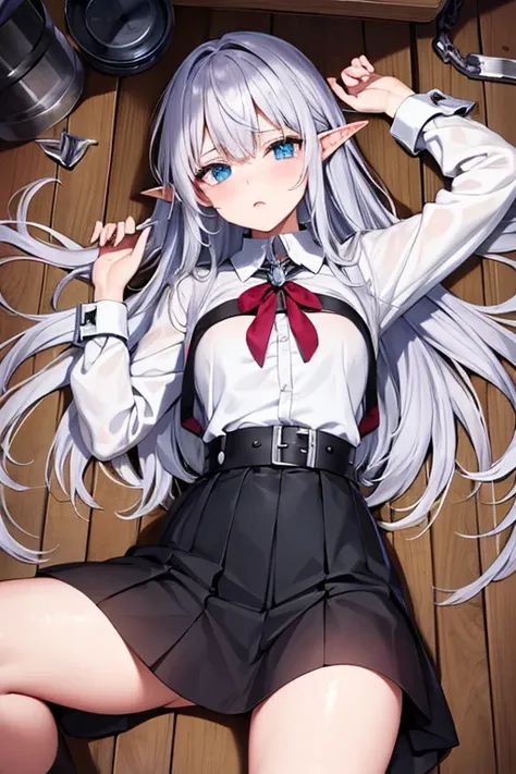 Elf, Silver Hair, In the torture chamber, Lying on an iron bed and crucified, school uniform, skirt, White Shirt,  Open your mouth, Raise your hands,  Crying face, A large iron collar with spikes and handcuffs, Spread your legs