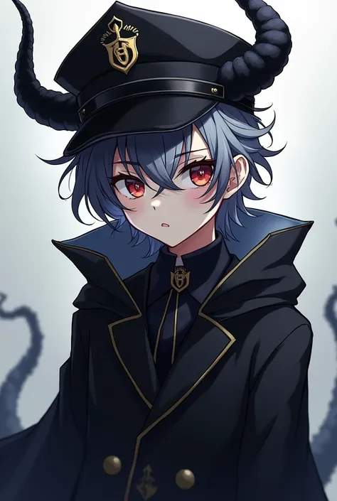 Anime boy, wearing a black robe, mixed black and white hair, black devil horns, black police hat