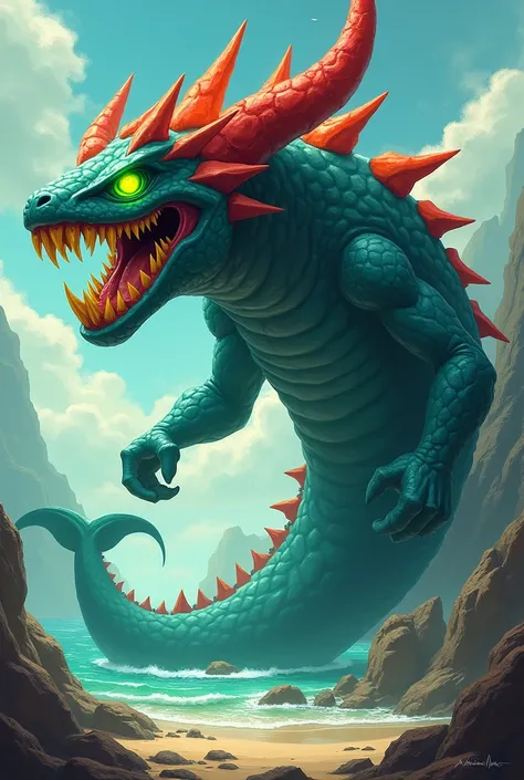 leviathan with red horns and green eyes and a very large head, its teeth are like arrows of fire, images on the right and left and front and back, each side like a cartoon image
