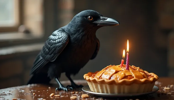 the crow bird celebrates its birthday , pie , cinematic, HD , 4K, HDR (High dynamic range), Ray tracing ,NVIDIA RTX, Super resolution, Unreal 5, Underground dispersion, Textured PBR, Post-processing, Anisotropic filtering, depth of field, maximum clarity a...