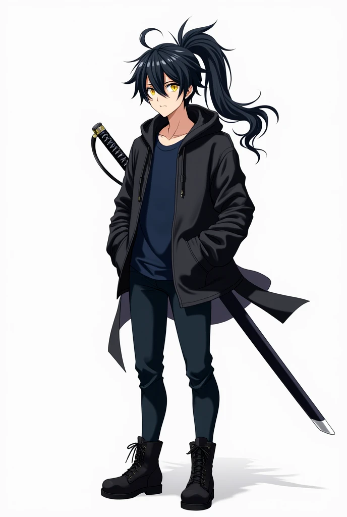 Create an anime style character, male gender with short and slightly spiky black hair with the fringe covering the face a little on the left side and with a giant ponytail, big yellow eyes, Men&#39;s black windbreaker jacket with dark blue shirt, black glo...