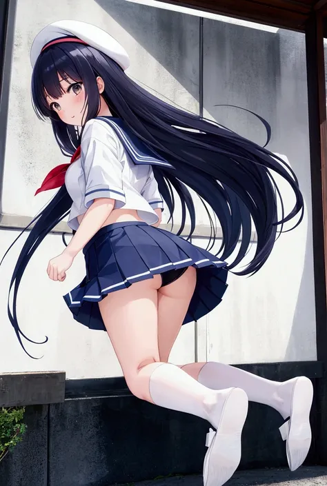 Japanese high school girl mini skirt sailor uniform straight long hair cute bottom angle jump
