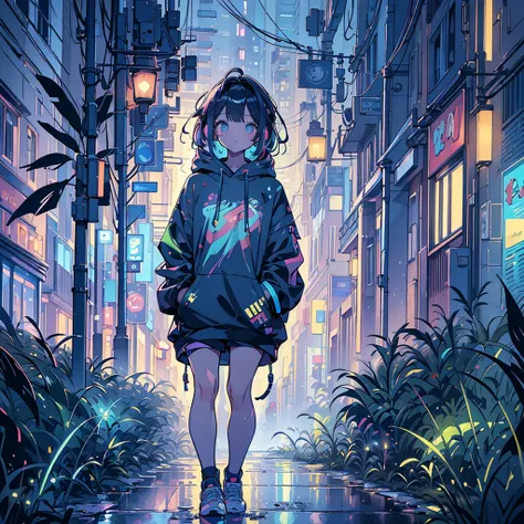 8 k resolution、((highest qualityr))、((masterpiece))、((Ultra-detailed))、1 woman、Alone、Incredibly absurd、Oversized hoodies、headphones、Street、outdoor、rain at night、Neons、Haircut、bright colored eyes、hands in pockets、Shorts、dripping water、rainbow hairs、Bob Hair