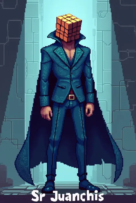 Create a 2D pixelated villain, has a Rubik&#39;s cube head, and with a strange but cool suit , It is the king of puzzles and it says below "SR JUANCHIS", The suit is blue and has a kind of cape