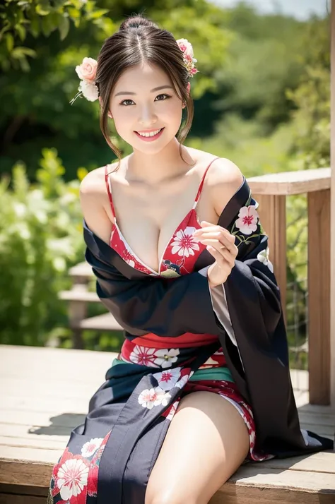 Pure Japanese kimono girl, wearing traditional kimono, natural hair styles, sweet smile, sitting relaxed mood, sweet temptation, refreshing in end summer, professional pin-up portrait photography, 