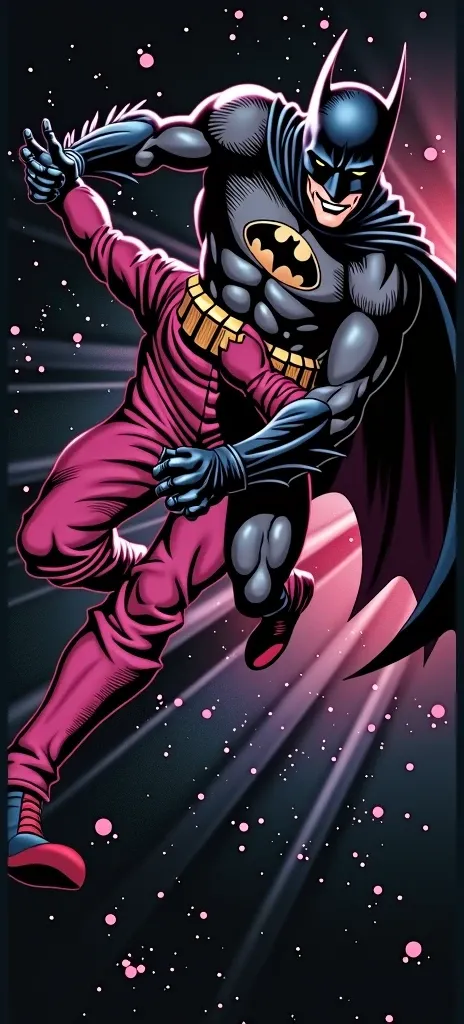 Create Batman in a bright pink jumpsuit jumping and trapping the Joker