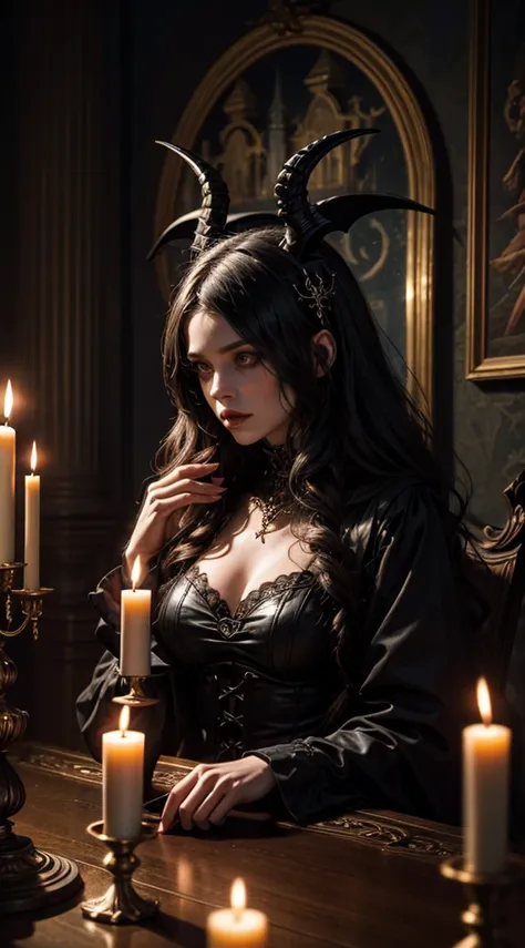 A photo of a conceptual dark fantasy artwork of a ghostly beautiful witch in a gothic castle. The witch is surrounded by many black candles and pentagrams. The room has a red velvet curtain and very high walls. There is a black goat and the figure of Bapho...