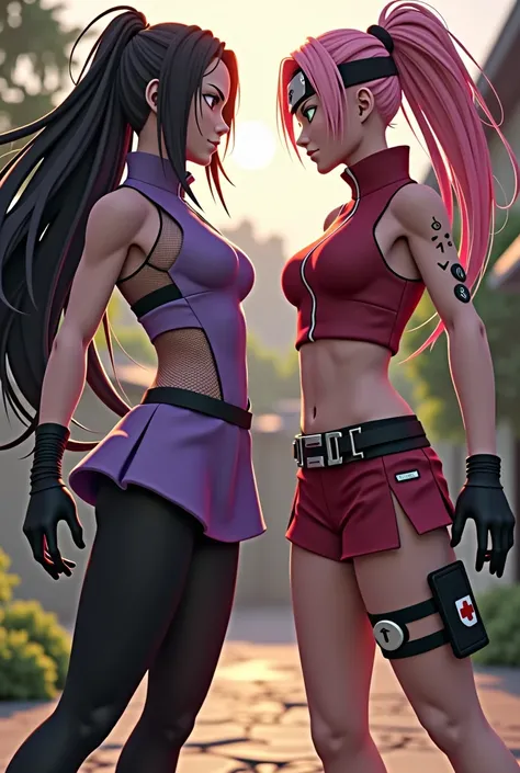 Create an image of two kunoichi, poised and ready to battle each other One is a black haired kunoichi with lavender eyes dressed in a sleeveless lavender dress with a mesh shirt underneath emphasizing her voluptuous figure. She is wearing black midleg legg...