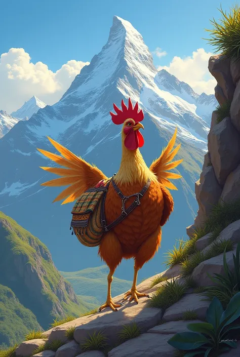 I am making the cover of a song that has to do with a chicken climbing the mountain. Please create an image of a chicken climbing a mountain with an Inca bag