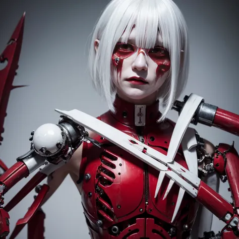 White hair, bob hair, red tears, horror, scary, four eyes, demon, mechanical limbs