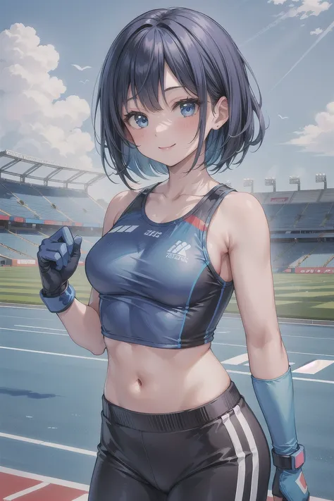 girl, medium breasts, dark blue medium bob style hair, blue sports sleeveless wear, blue sports pants, blue sports gloves, smile, Japan Stadium