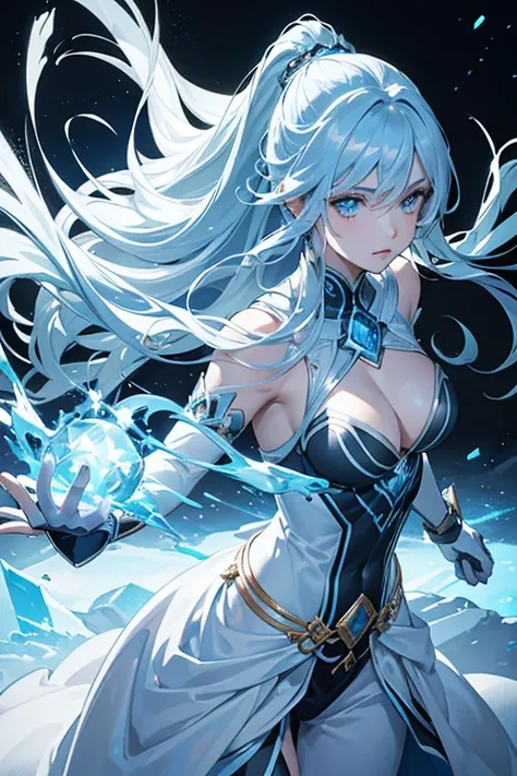 a beautiful girl with long ice blue hair and ice blue eyes, ice powers surrounding her and holiding   ice powers  in her hands, wearing white and blue clothing and combat gloves, in a powerful and sexy pose, (best quality,4k,8k,highres,masterpiece:1.2),ult...