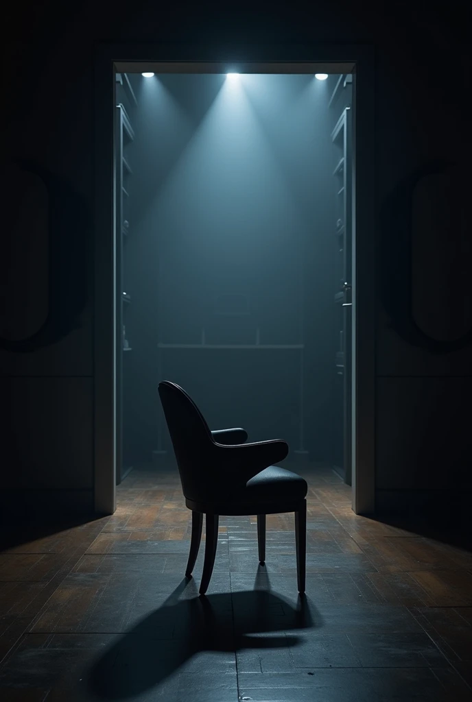 A recording studio with a different facing chair facing the camera with the lights off 
