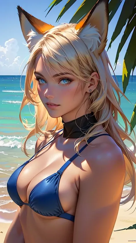 A beautiful girl with fox ears and fox tail wearing a bikini on a beach, highly detailed, realistic, 8k, (best quality,4k,8k,highres,masterpiece:1.2),ultra-detailed,(realistic,photorealistic,photo-realistic:1.37),HDR,UHD,studio lighting,ultra-fine painting...