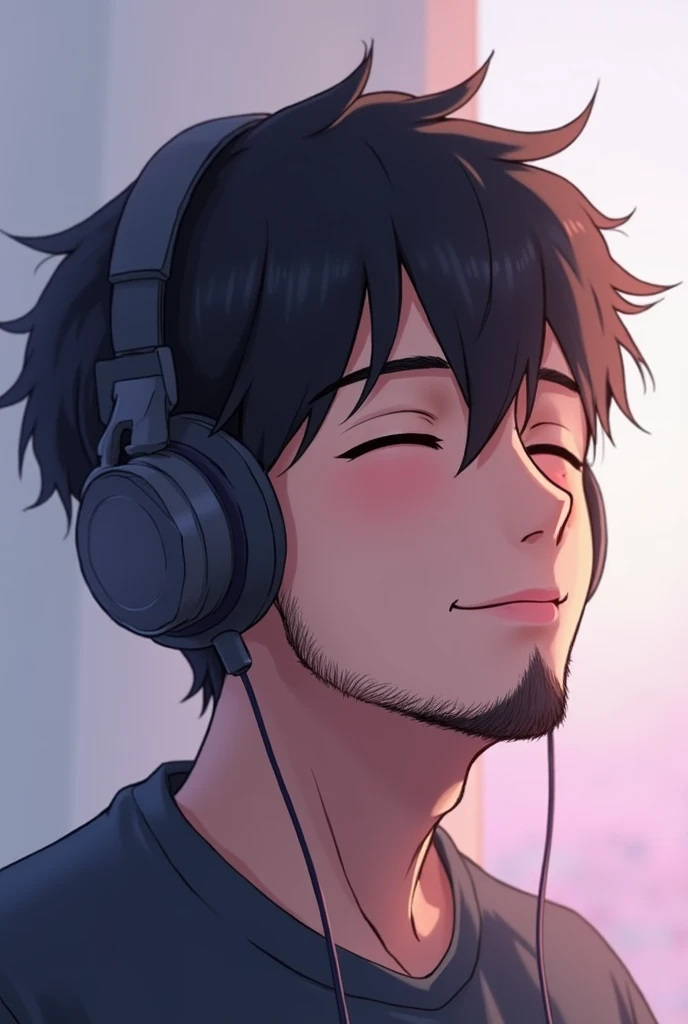 1boy, solo, male_focus, facial_hair, closed_eyes, headphones, beard, black_hair, realistic, gradient_background, gradient, smile, closed_mouth