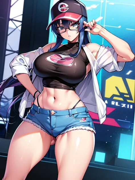 Anime character wearing glasses and a baseball cap, Digital rendering inspired by Rei Kamoi, Pixiv, What it is？, Pokemon Misty, Casual clothing, Female protagonist 👀 :8, Revealing clothing, Anya from Spy x Family, thick, Faye Valentine, In clothes! Very de...