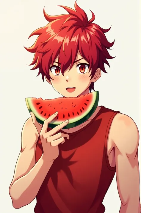 Anime boy, red swordsman shirt, have a plate of watermelon on top 