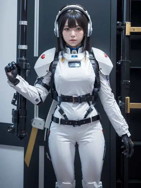 masterpiece, Highest quality, Very detailed, Japanese Android girl,Plump,Slightly thicker,Control panel,robot arms,robot,Android,cyborg,white robot body,Blunt bangs,robot repair plant,The spaceships cockpit,Harness Belt,headset,Helmet,((Crucifixion))，tortu...