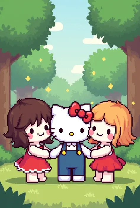 Create a pixel art style image of 3 hello kitty standing next to each other, one has shoulder height brown curly hair with curly curls, the second one has long straight lighter brown coloured hair, with some side bangs, and the third one has shoulder high ...