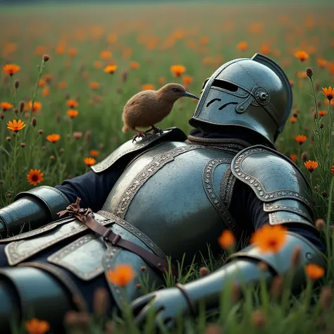 medieval warrior (minute details in the armor) with a helmet that covers his entire face, is leaning on a stone, dead, with a kiwi (the kiwi bird) on his chest in a field of flowers, full body image, show your feet (one is extended and the other is not) th...