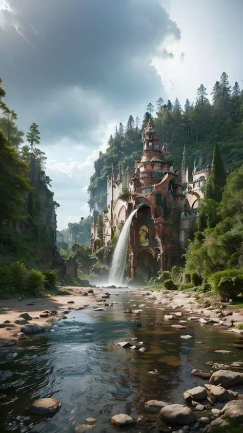 A ancient city reclaimed by the forest, crumbling stone walls and towers peeking through a sea of dense vegetation. Once splendid castle and temples, now just vine-covered rubble and moss-laden ruins poking above the treetops. Intricate stonework barely vi...