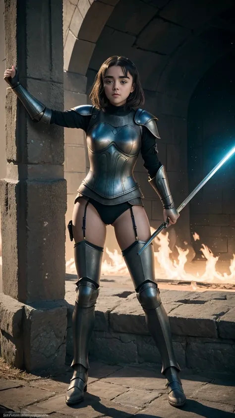 Maisie Williams plays Ayra Stark , Game of Thrones, sexy armor, huge breasts, sexy legs, slut, smooth lines, Express expressions and postures through color ink contrast, The background is war. emphasize light, shadow and space. ((full body):1.3), Drawing o...