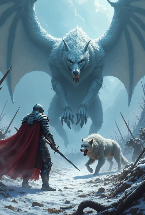 (photorealism:1.2), a powermetal album cover of a band called "Crimson Blade" with a medieval battlefield, An ice dragon and an armored knight fighting a direwolf