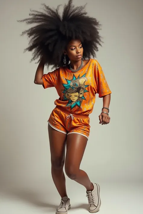 Black girl with afro, dressed in a loose hip hop print t-shirt and tight sports shorts twerking