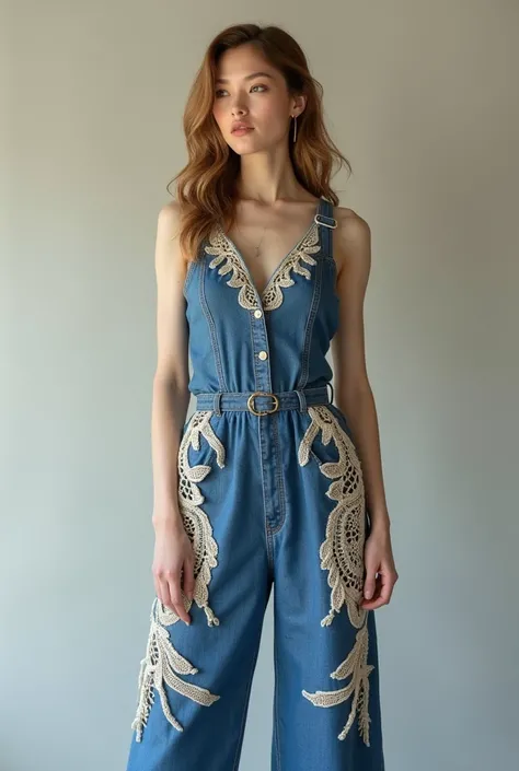 European woman model wearing long denim jumpsuit with crochet embroidery. Show all noodles. 