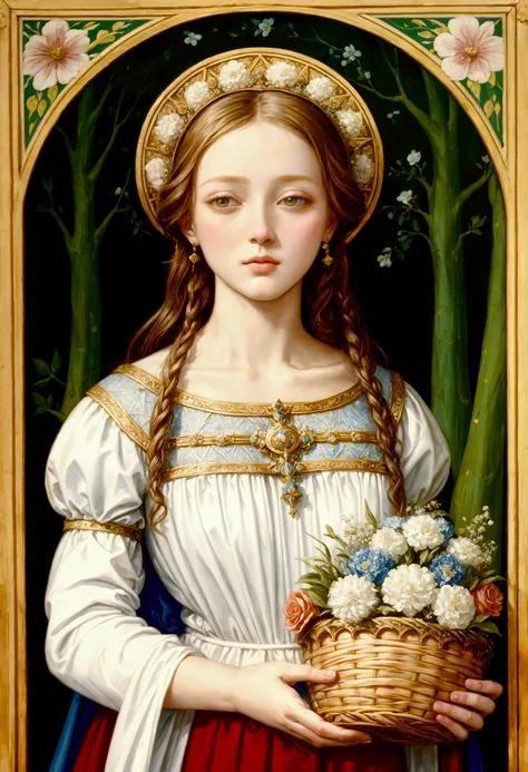 a painting of a woman holding a basket of flowers, majestic saint woman, inspired by Master of the Legend of Saint Lucy, medieval princess, inspired by Barthélemy dEyck, portrait gracious saint, beautiful maiden, medieval portrait, inspired by Mary Cameron...