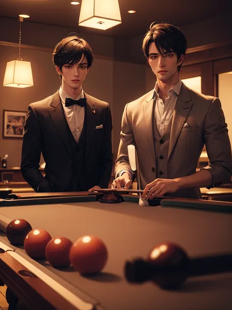 a romantic scene of two men playing pool, detailed portrait of two handsome men, beautiful detailed eyes, beautiful detailed lips, extremely detailed eyes and face, long eyelashes, man in suit, man in casual clothes, pool table, billiard balls, cue sticks,...