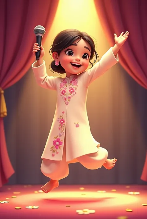 Lily, (highest quality, 4k, masterpiece:1.3), A young Pakistani Muslim girl wearing a traditional cream shalwar kameez with pink floral embroidery. Her hair is styled in a neat bun with loose strands framing her face, as seen in previous images. She is mid...