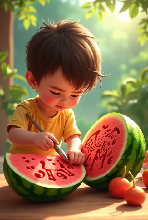 Child carving watermelon elephant 