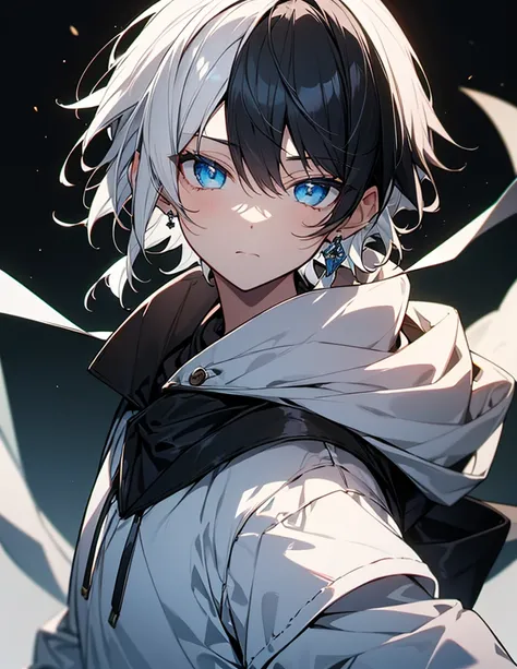 Highest quality　White Hair　Short Hair　Wearing black hair accessories　Wearing a white hoodie　blue eyes　Expressionless　woman